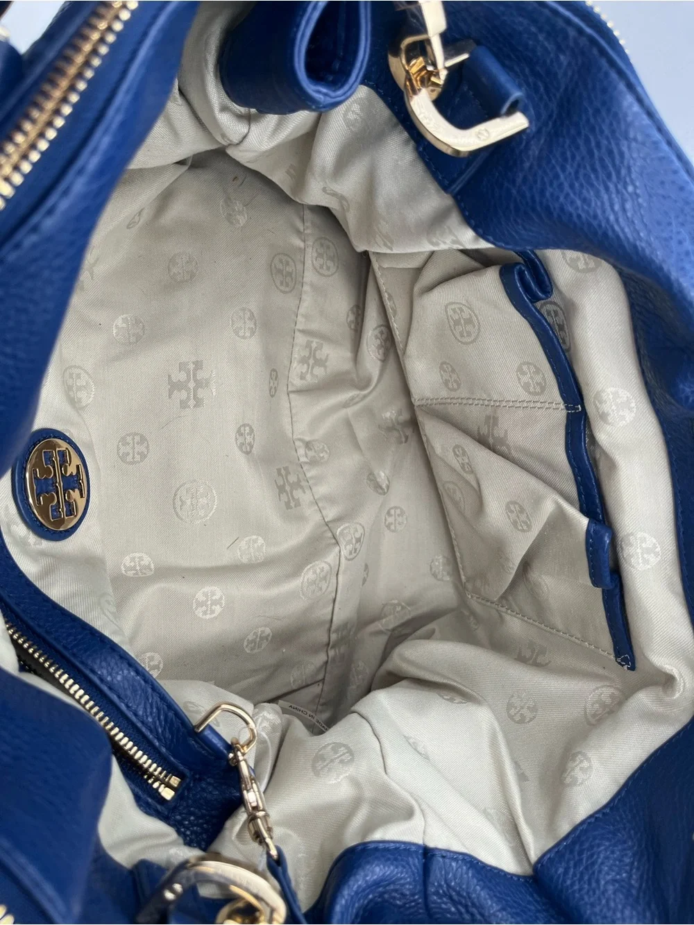 Tory Burch Navy Blue Pebbled Leather Satchel with Logo Medallion